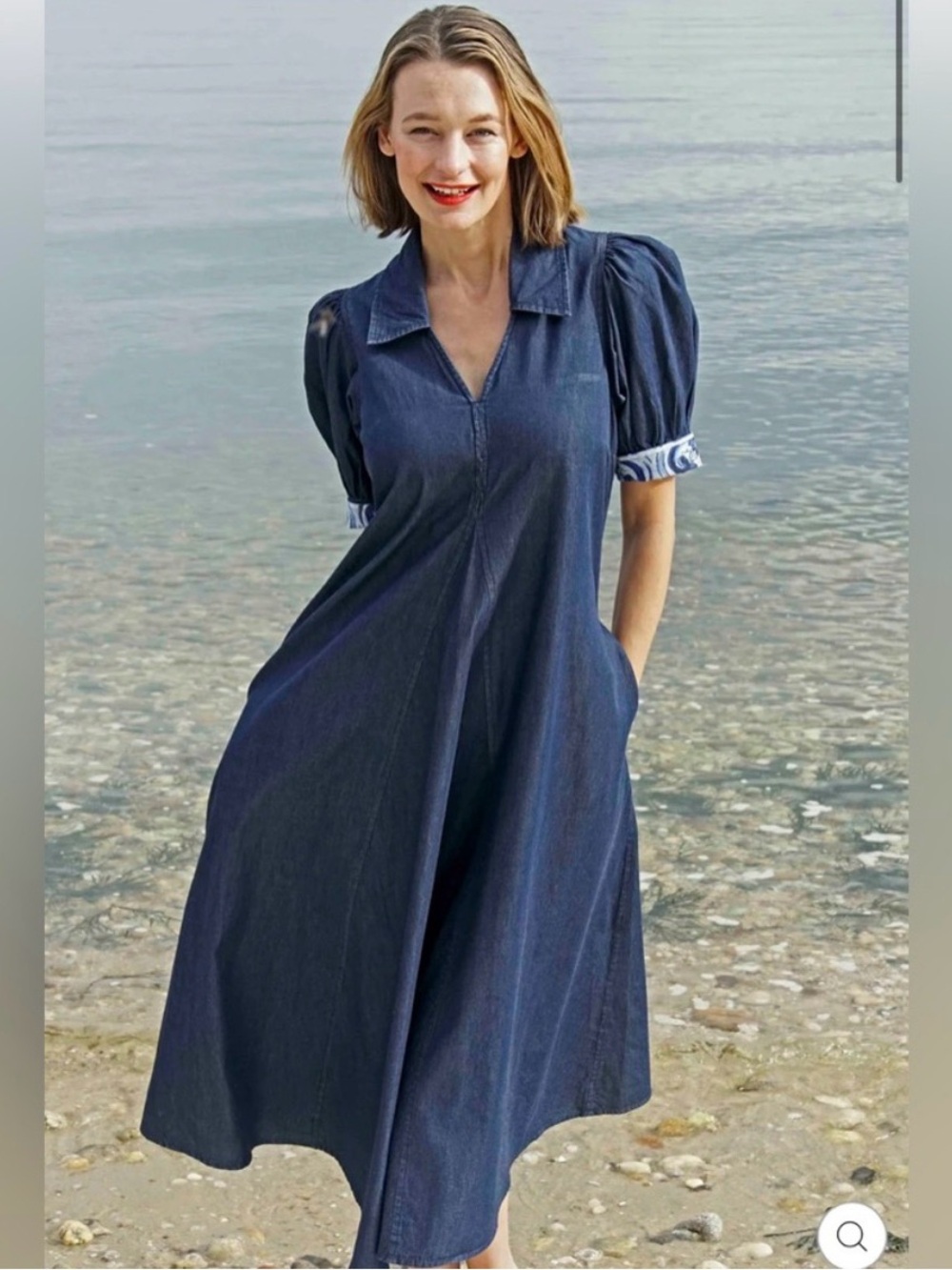 Dizzy Lizzy Chambray Denim Montauk midi swing dress with puff sleeves